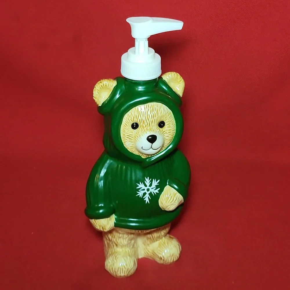 Ceramic Soap Dispenser Bear Wearing Snowflake Green Hoodie 9